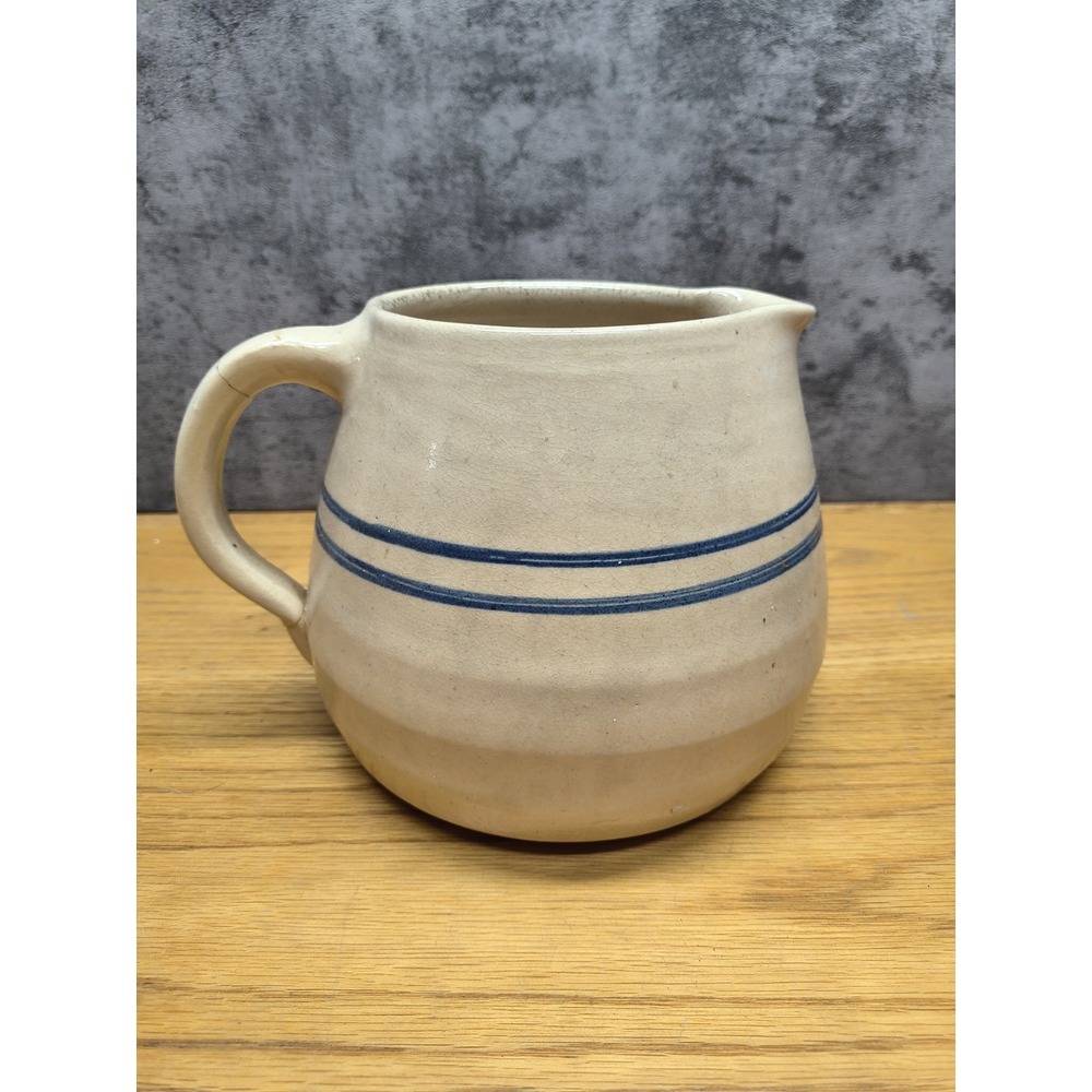 Unmarked Vintage Handmade Small Blue Stripe‎ Pottery Jug Pitcher *REPAIRED*